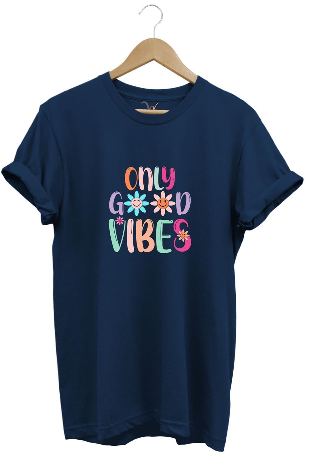 Only Good Vibes Baskılı Papatya Desenli Renkli %100 Pamuk Regular Fit Bisiklet Yaka T-Shirt - Lacivert
