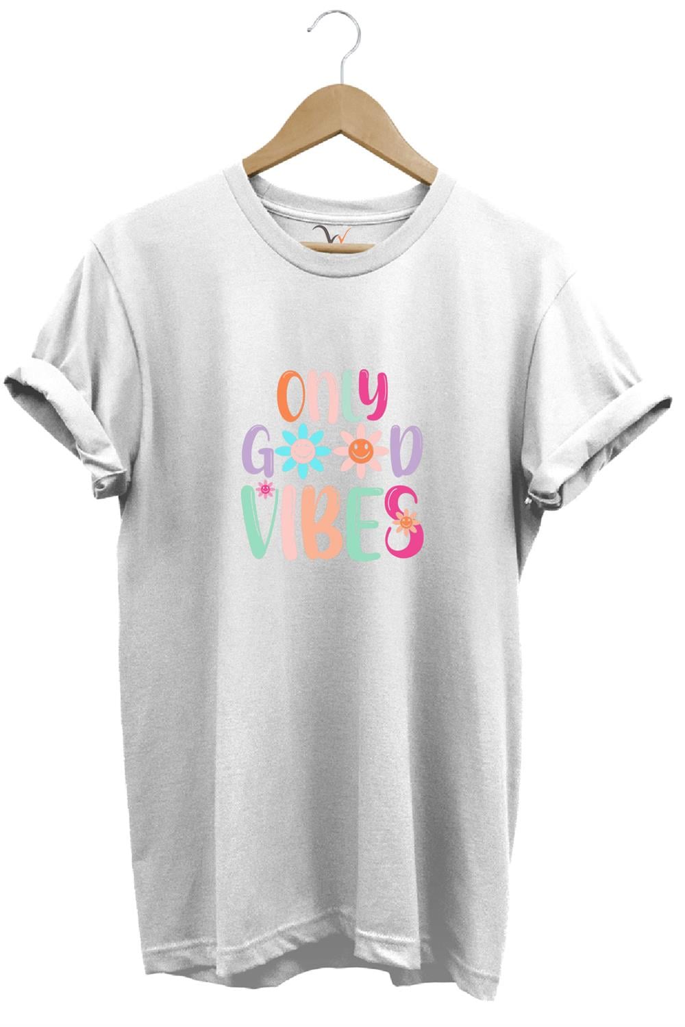 Only Good Vibes Baskılı Papatya Desenli Renkli %100 Pamuk Regular Fit Bisiklet Yaka T-Shirt - Beyaz