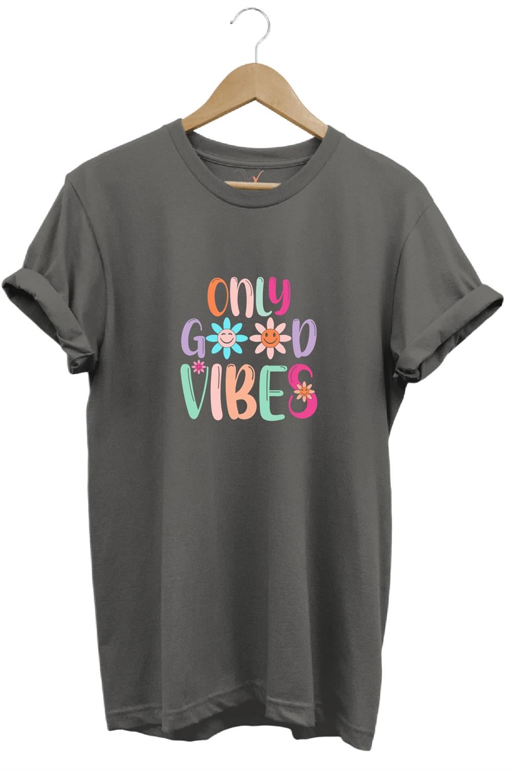 Only Good Vibes Baskılı Papatya Desenli Renkli %100 Pamuk Regular Fit Bisiklet Yaka T-Shirt - Antrasit