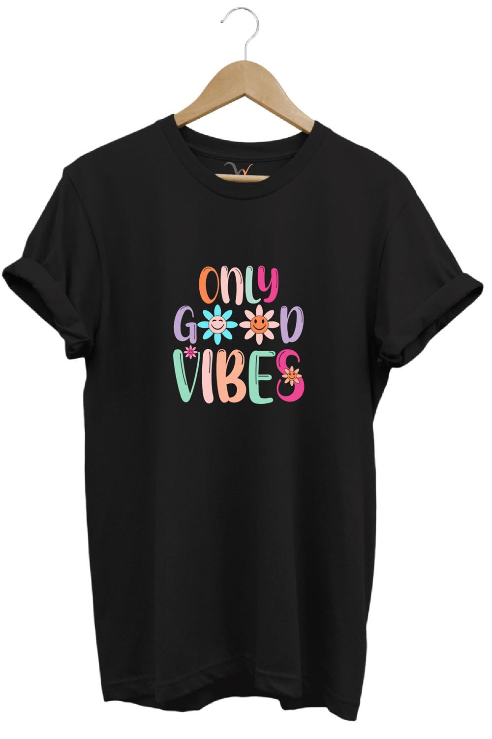 Only Good Vibes Baskılı Papatya Desenli Renkli %100 Pamuk Regular Fit Bisiklet Yaka T-Shirt - Siyah