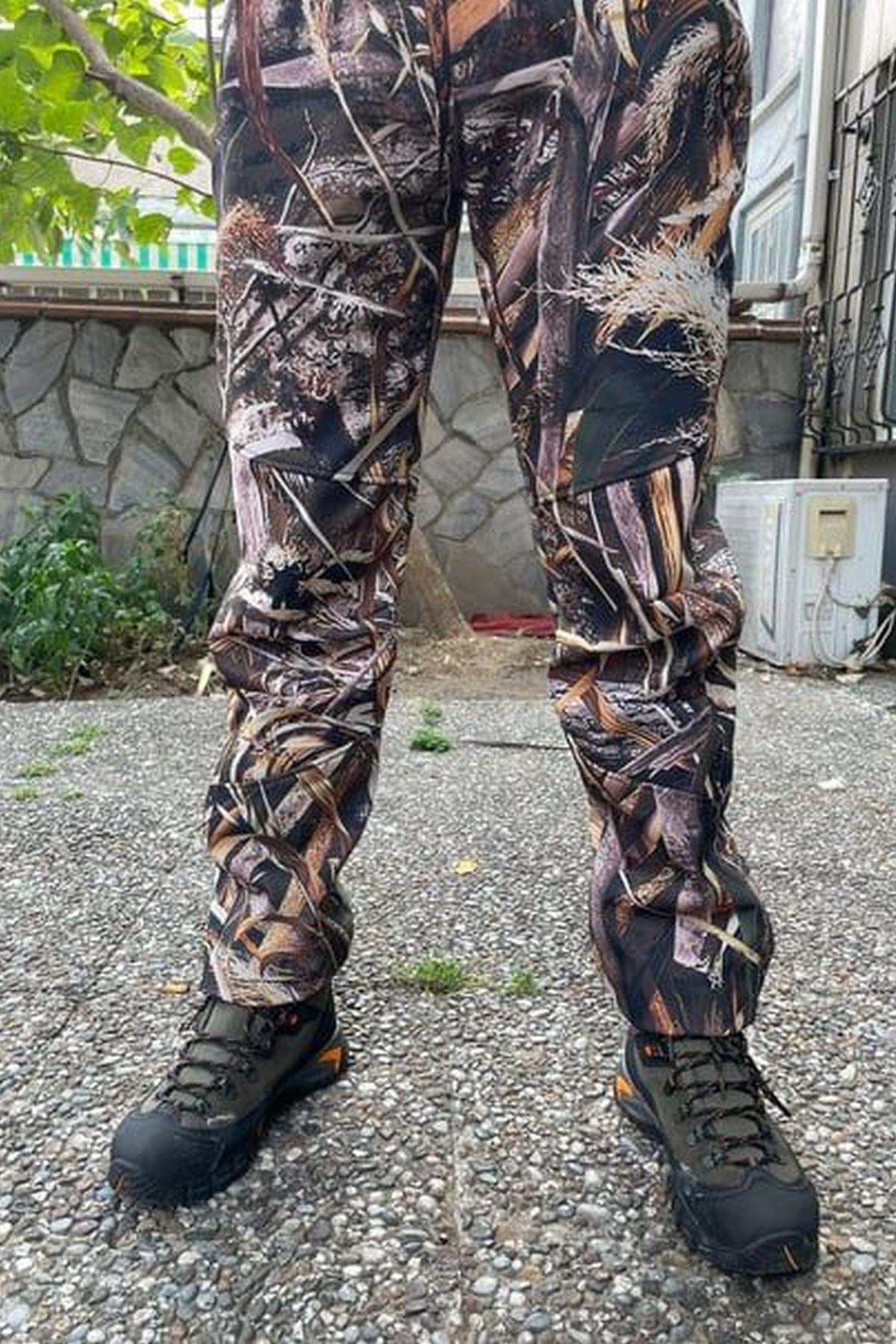 Outdoor Avcılık Kamuflaj Saz Desenli Softshel Kar Su Rüzgar Geçirmez Pantolon - Renkli