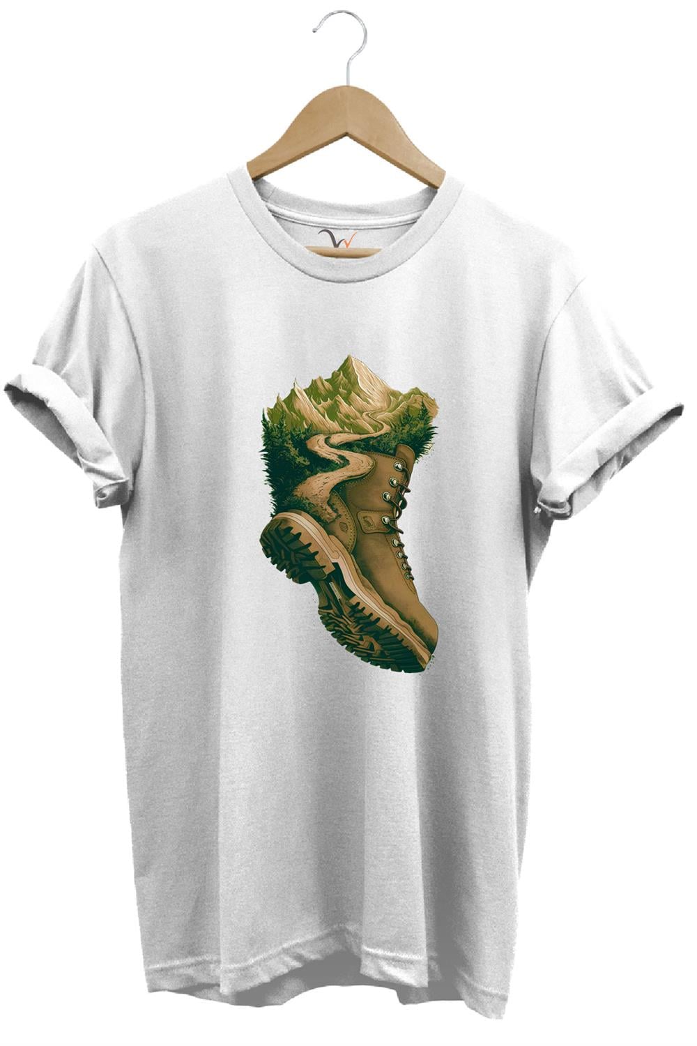Outdoor Bot Ve Dağ Patika Yol Kamp Gezgin Baskılı %100 Pamuk Regular Fit Bisiklet Yaka T-Shirt - Beyaz