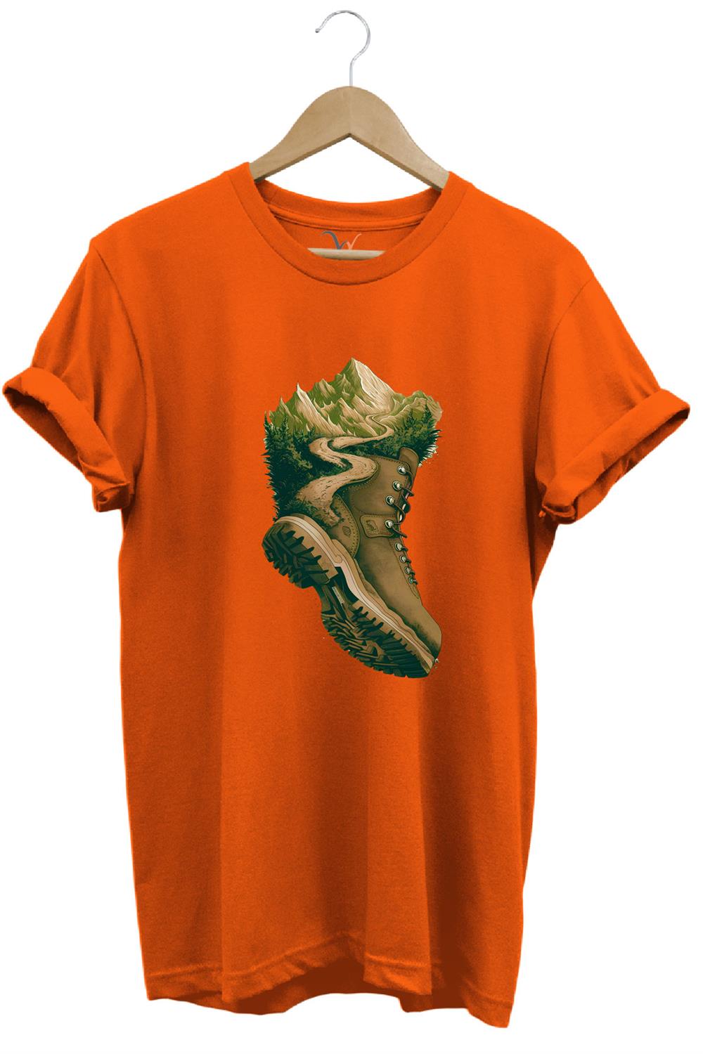 Outdoor Bot Ve Dağ Patika Yol Kamp Gezgin Baskılı %100 Pamuk Regular Fit Bisiklet Yaka T-Shirt - Turuncu