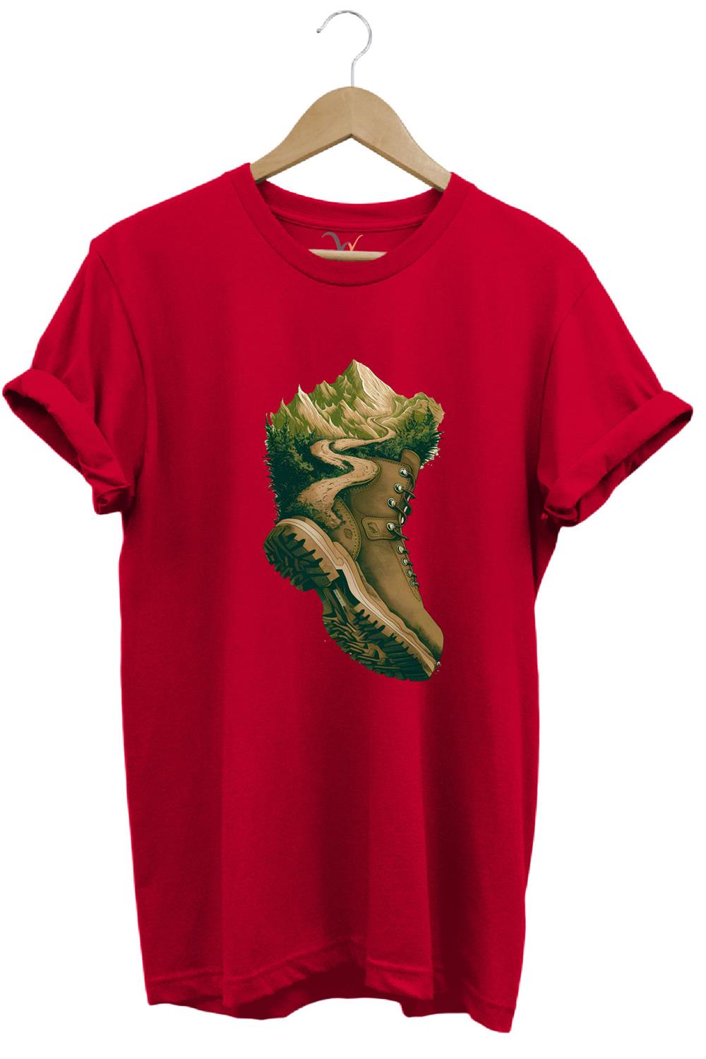 Outdoor Bot Ve Dağ Patika Yol Kamp Gezgin Baskılı %100 Pamuk Regular Fit Bisiklet Yaka T-Shirt - Kırmızı
