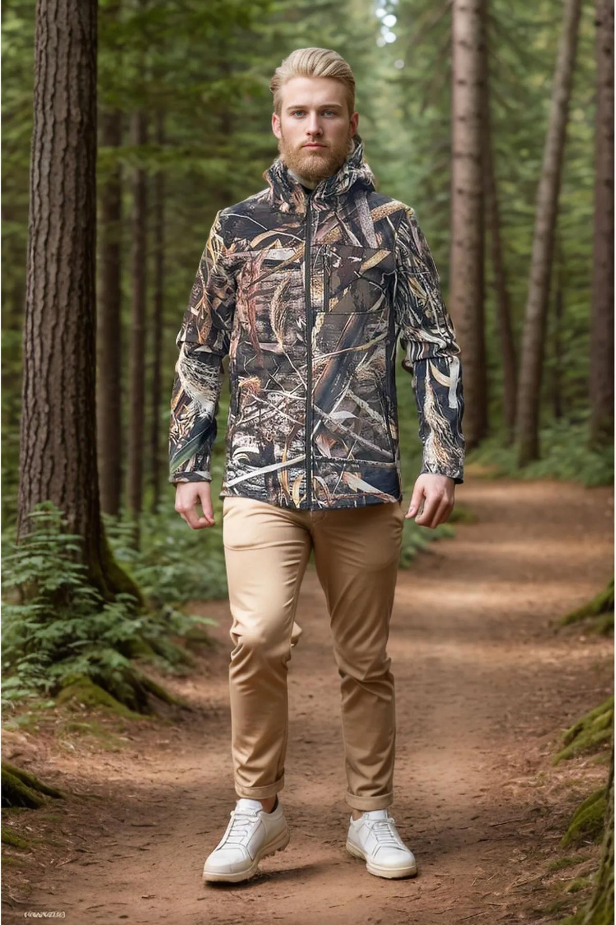 Outdoor Hunter Avcılık Su ve Rüzgar Geçirmez Erkek Saz Desenli Kamuflaj Softshell Mont Kışlık Mont
