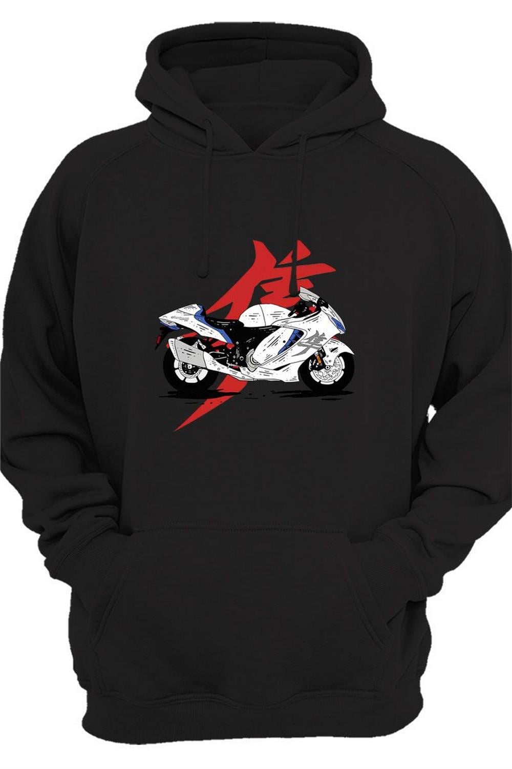 Racing Motorsiklet Japon Motoru Ve Yazı Baskılı Şık 3 Iplik Kalın Şardonlu Kanguru Cepli Sweatshirt - Siyah