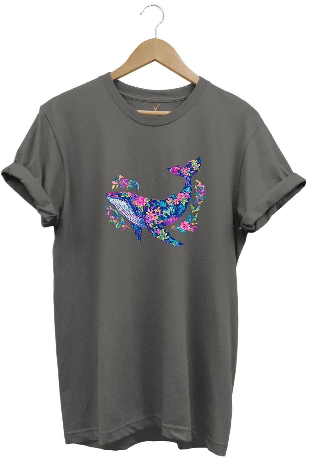 Renkli Balık Balina Desenli Baskılı %100 Pamuk Regular Fit Unisex T-Shirt - Antrasit
