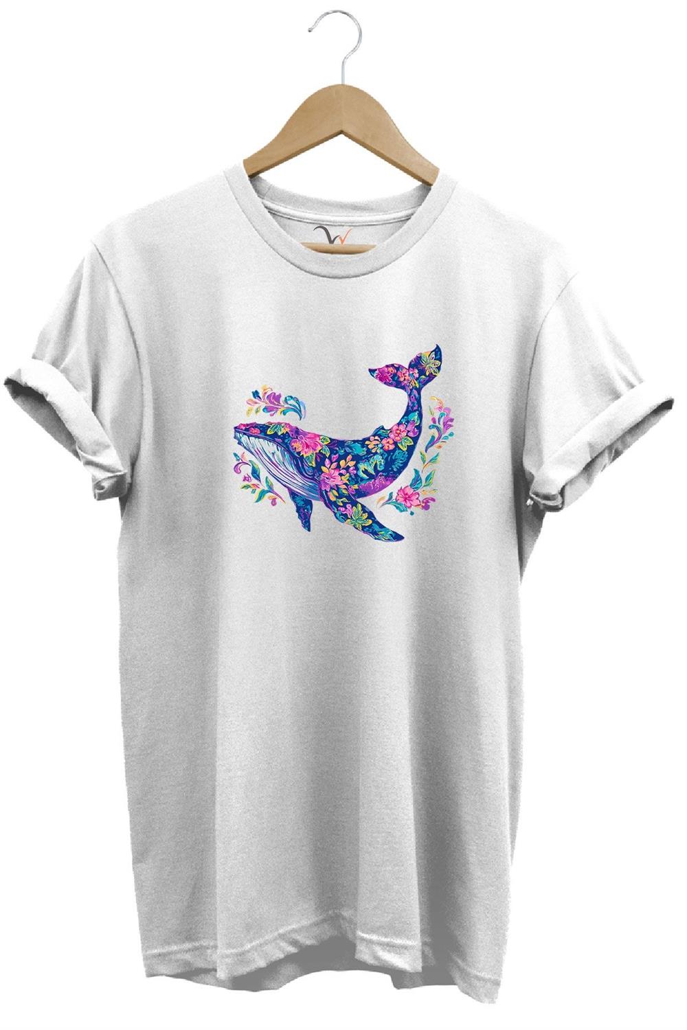 Renkli Balık Balina Desenli Baskılı %100 Pamuk Regular Fit Unisex T-Shirt - Beyaz