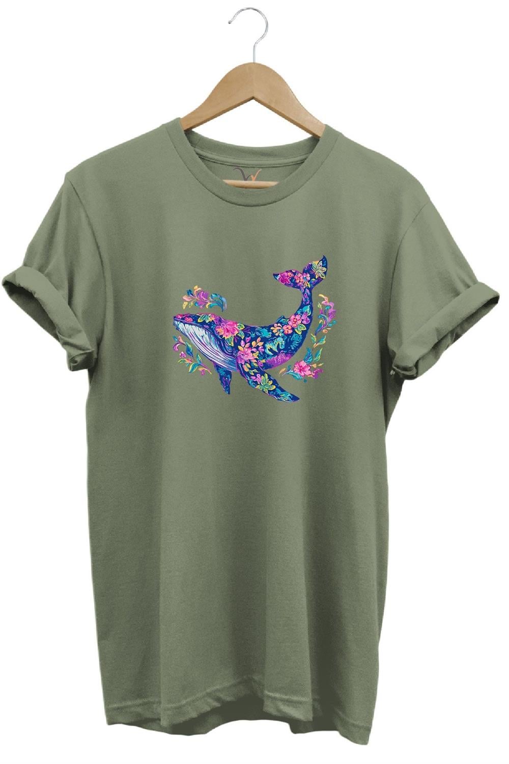Renkli Balık Balina Desenli Baskılı %100 Pamuk Regular Fit Unisex T-Shirt - Haki