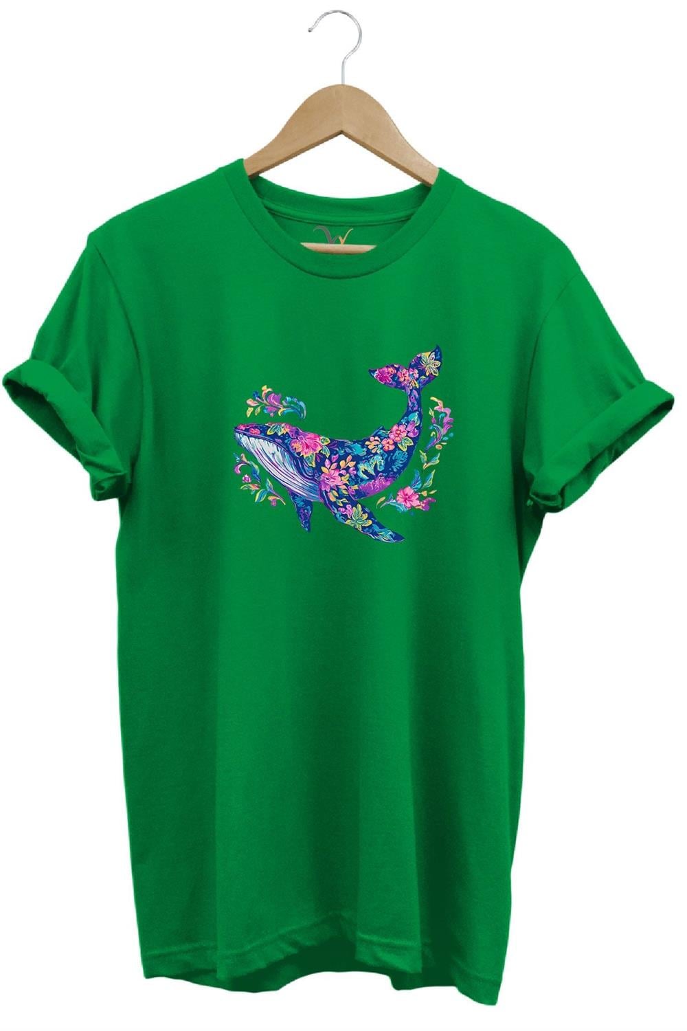 Renkli Balık Balina Desenli Baskılı %100 Pamuk Regular Fit Unisex T-Shirt - Yeşil