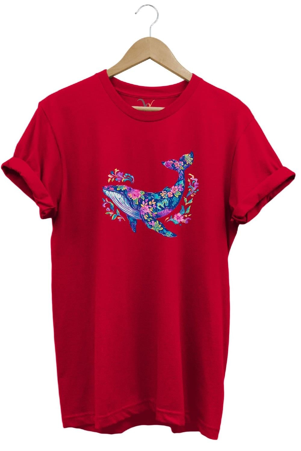 Renkli Balık Balina Desenli Baskılı %100 Pamuk Regular Fit Unisex T-Shirt - Kırmızı