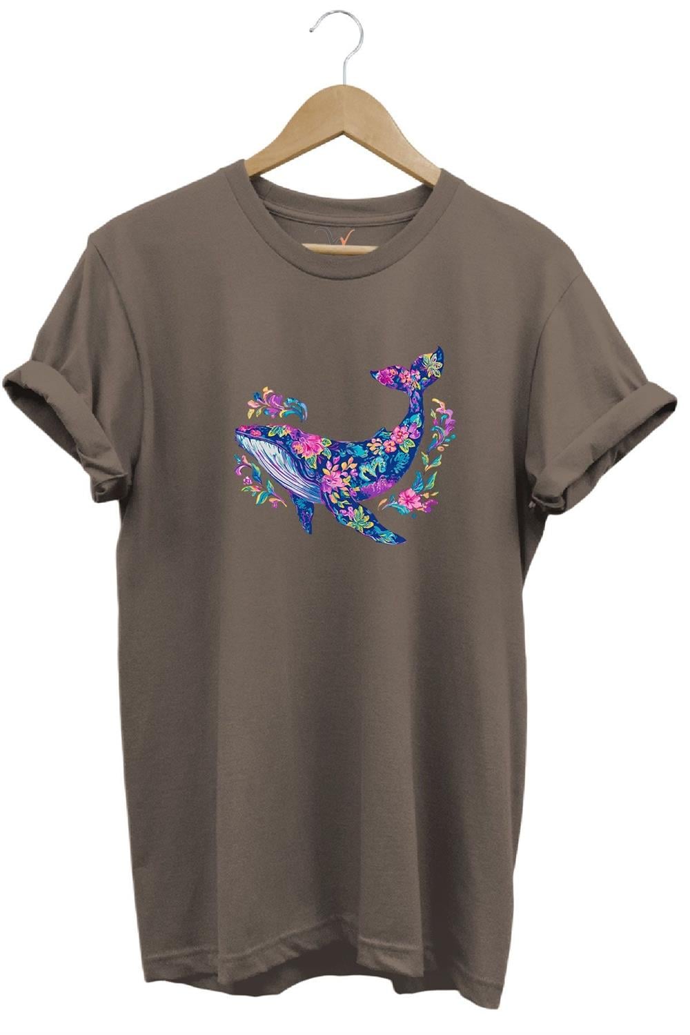 Renkli Balık Balina Desenli Baskılı %100 Pamuk Regular Fit Unisex T-Shirt - Kahverengi