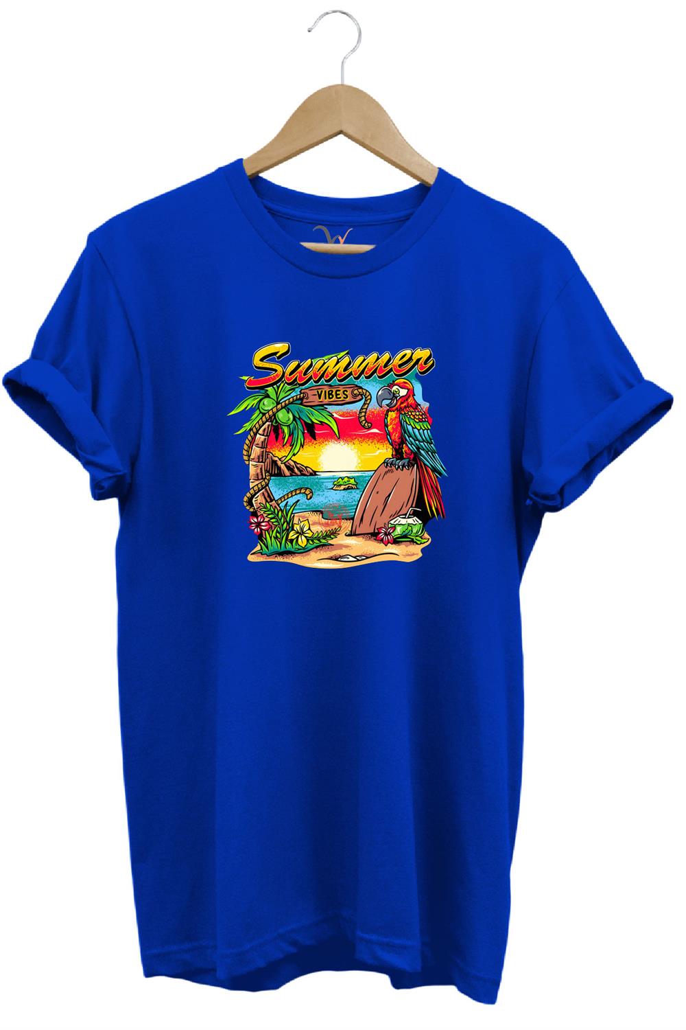 Renkli Summer Vibes Tasarım Baskılı Ve Papağan %100 Pamuk Regular Fit Premium T-Shirt - Mavi