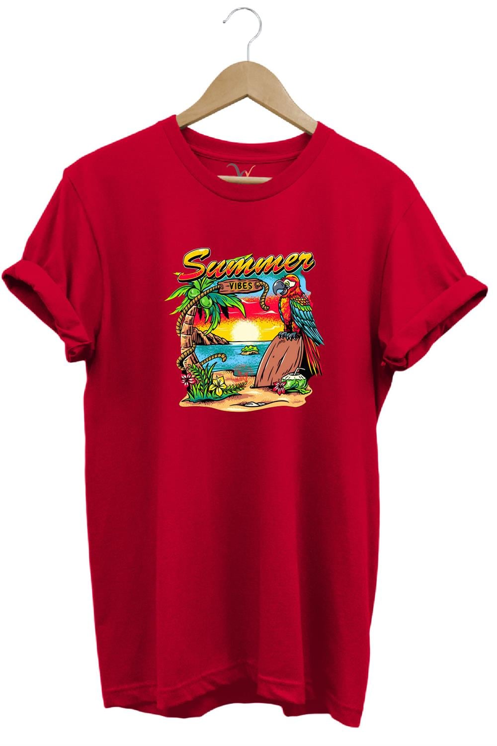 Renkli Summer Vibes Tasarım Baskılı Ve Papağan %100 Pamuk Regular Fit Premium T-Shirt - Kırmızı