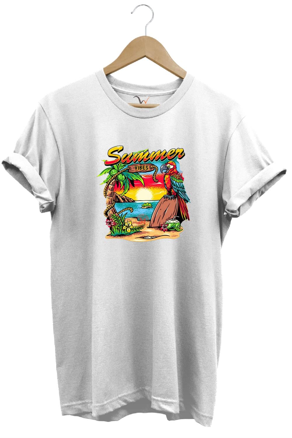 Renkli Summer Vibes Tasarım Baskılı Ve Papağan %100 Pamuk Regular Fit Premium T-Shirt - Beyaz