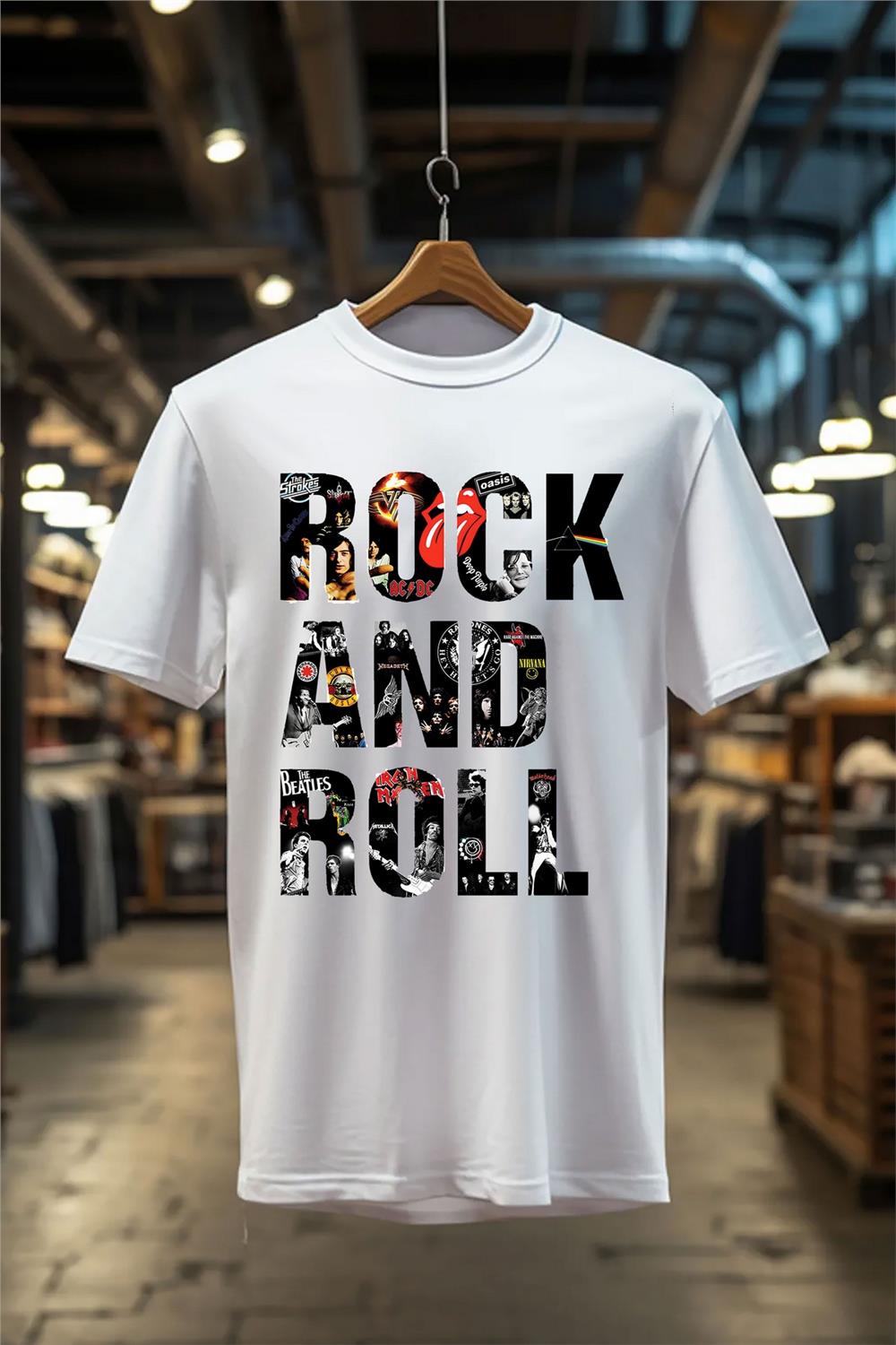 Rock And Roll Baskılı T-Shirt - Beyaz