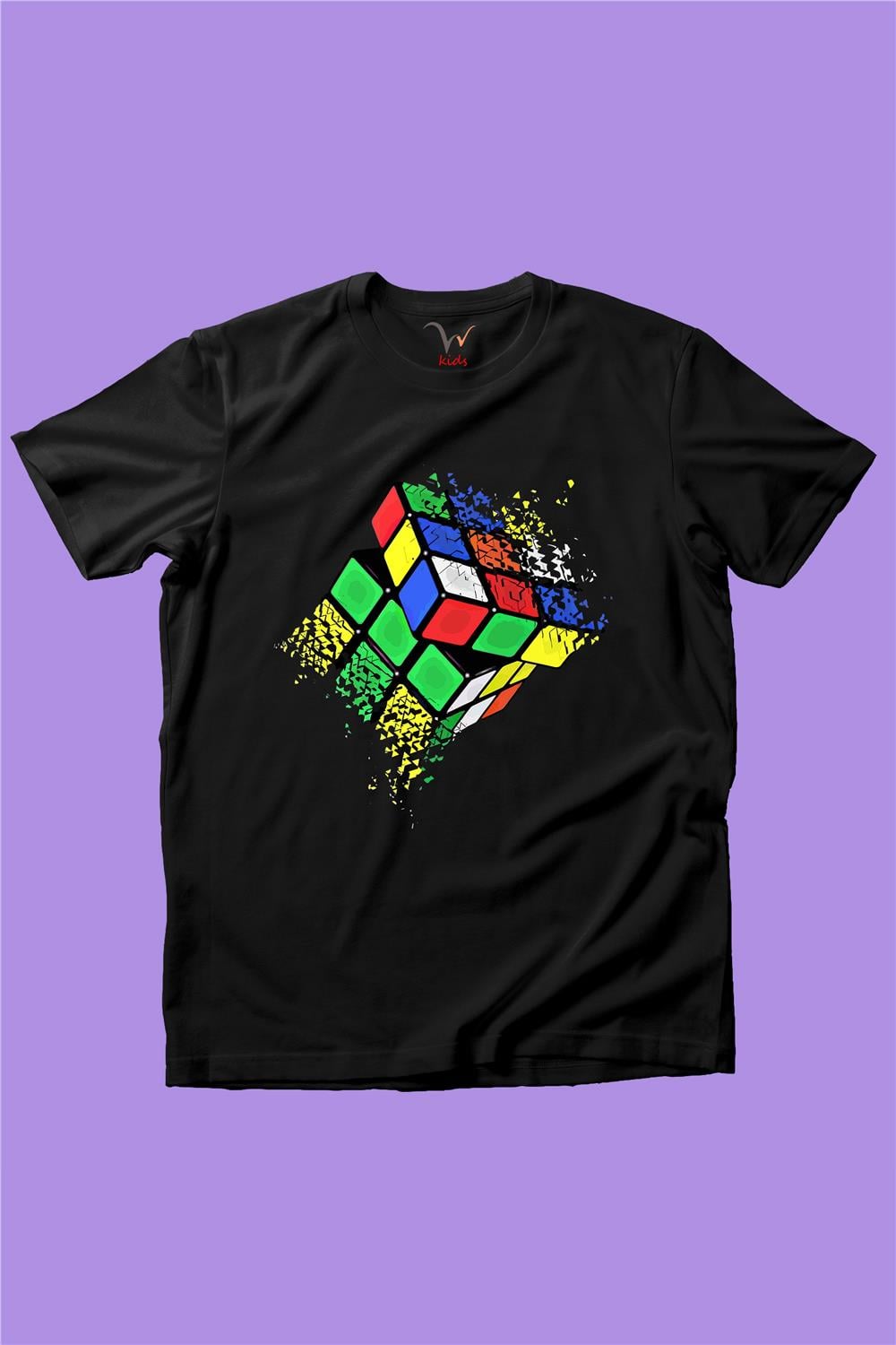 Rubik Küp Baskılı Renkli Cool %100 Pamuk Kız Çocuk Erkek Çocuk T-Shirt - Siyah
