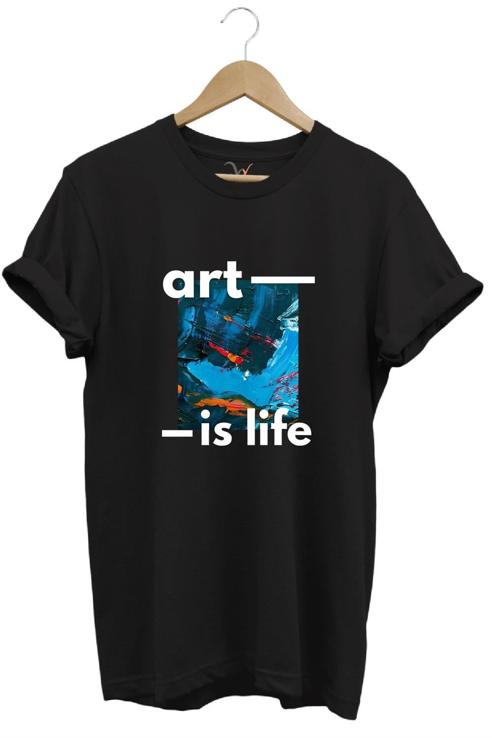 Sanatsal Renkli Tasarım Baskılı Art İs Life Yazılı %100 Pamuk Regular Fit Unisex T-Shirt - Siyah