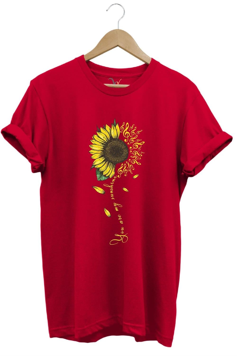 Sarı Ayçiçek Desenli You Are Sunshine Yazı Baskılı %100 Pamuk Regular Fit Unisex T-Shirt - Kırmızı