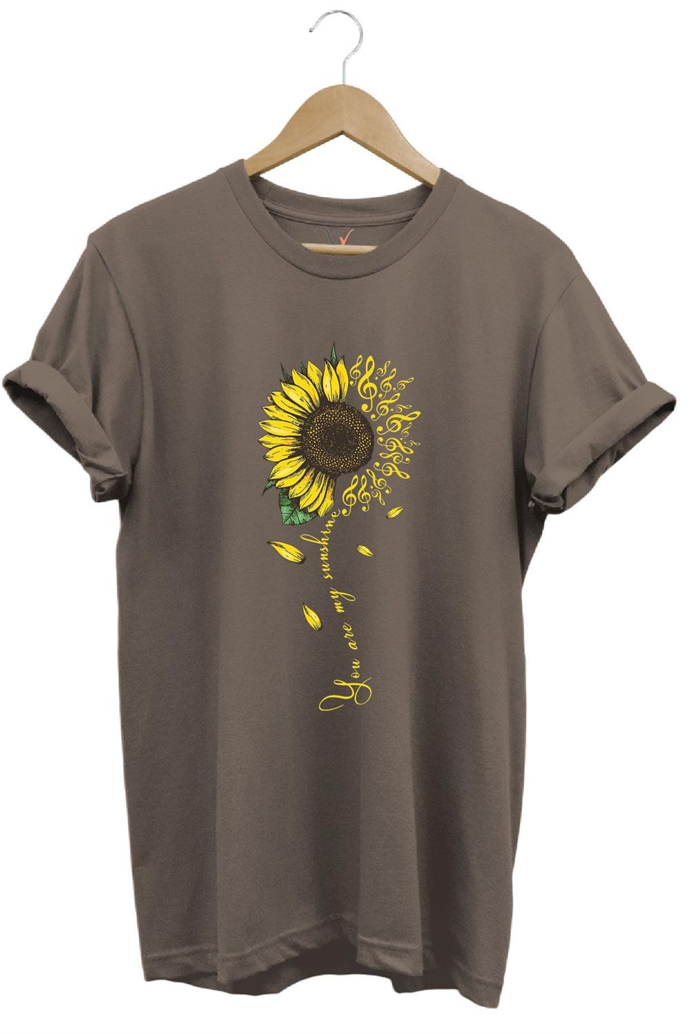 Sarı Ayçiçek Desenli You Are Sunshine Yazı Baskılı %100 Pamuk Regular Fit Unisex T-Shirt - Kahverengi