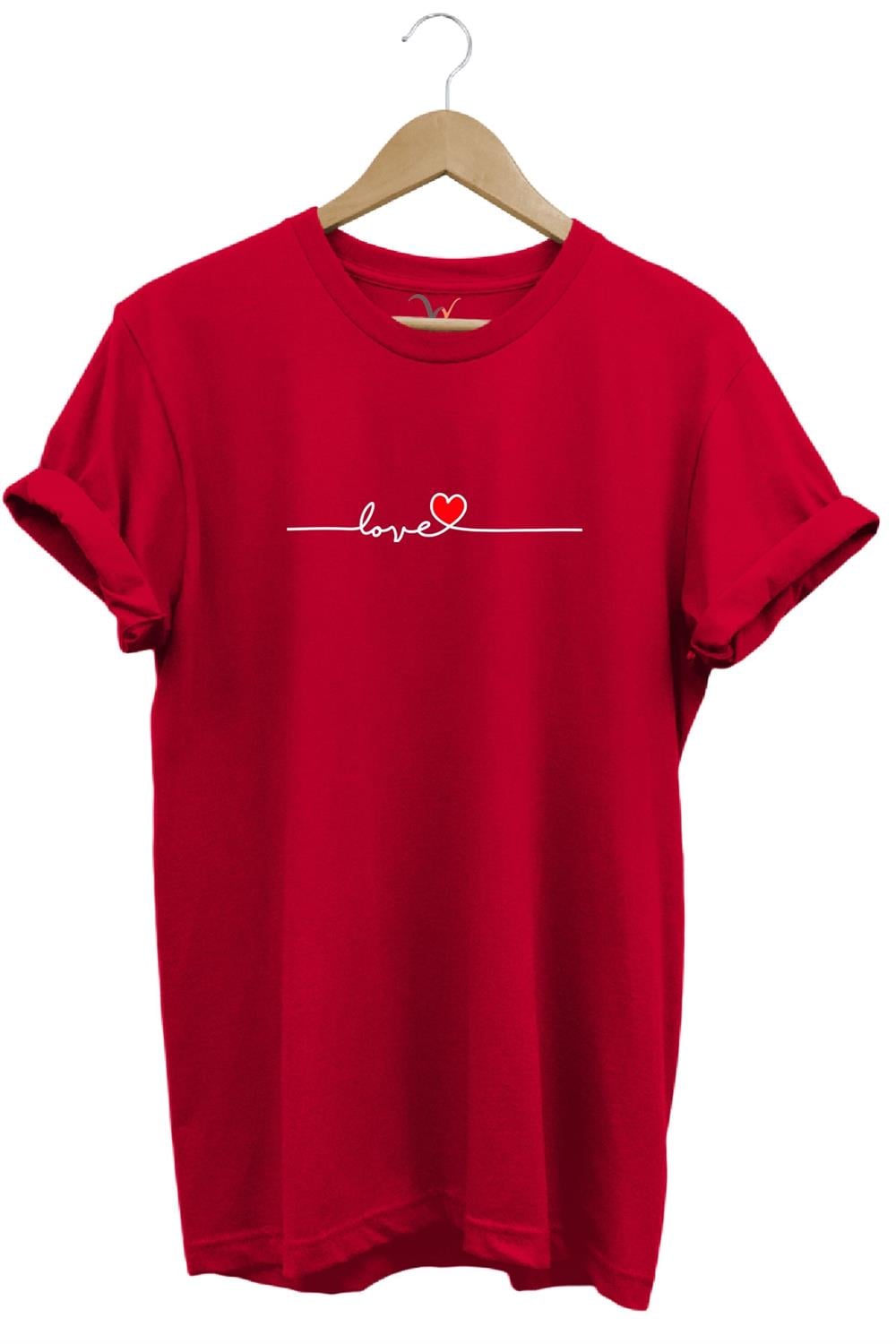 Sevgililer Günü Hediyesi Love Yazı Baskılı Kalpli %100 Pamuk Regular Fit Bisiklet Yaka T-Shirt - Kırmızı