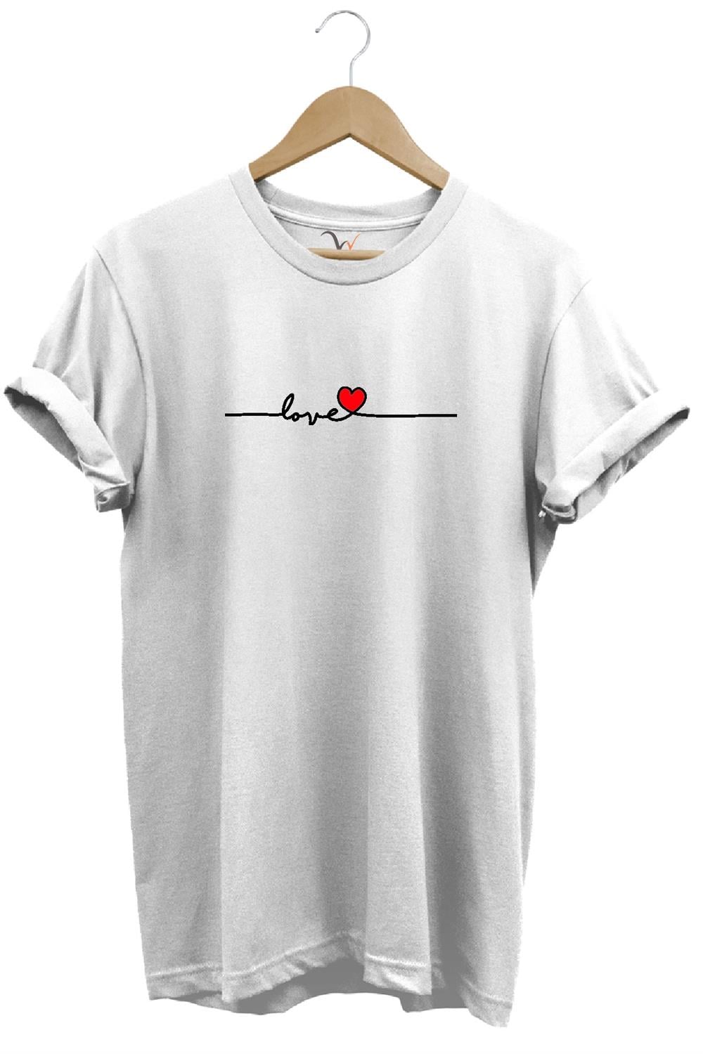 Sevgililer Günü Hediyesi Love Yazı Baskılı Kalpli %100 Pamuk Regular Fit Bisiklet Yaka T-Shirt - Beyaz