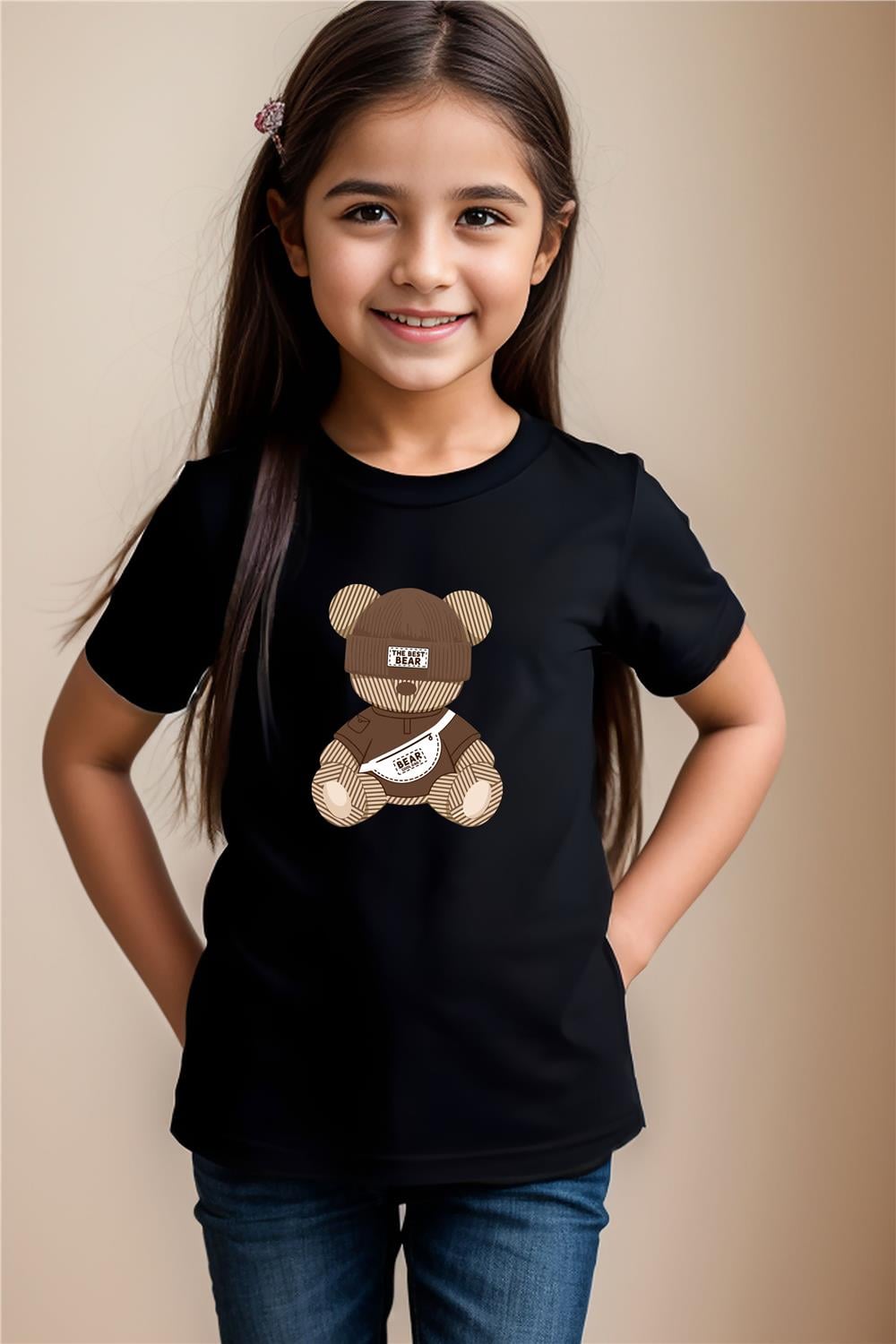 Sevimli Ayıcık Baskılı Cool %100 Pamuk Erkek Çocuk Kız Çocuk Yüksek Kaliteli Premium T-Shirt - Siyah