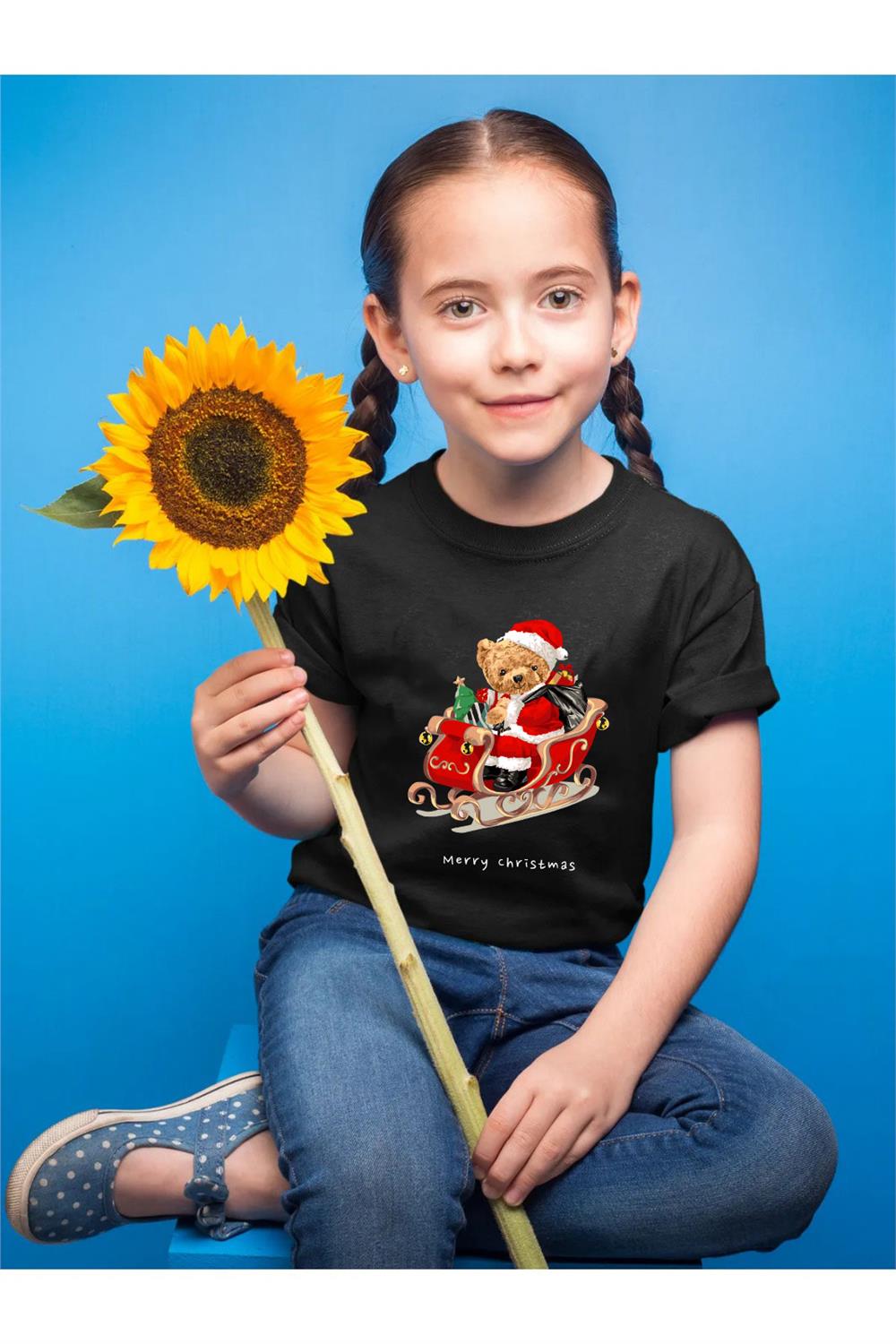 Sevimli Ayıcık Baskılı Merry Chirstmas Yılbaşı Noel Baba Regular Fit %100 Pamuk Çocuk T-Shirt - Siyah