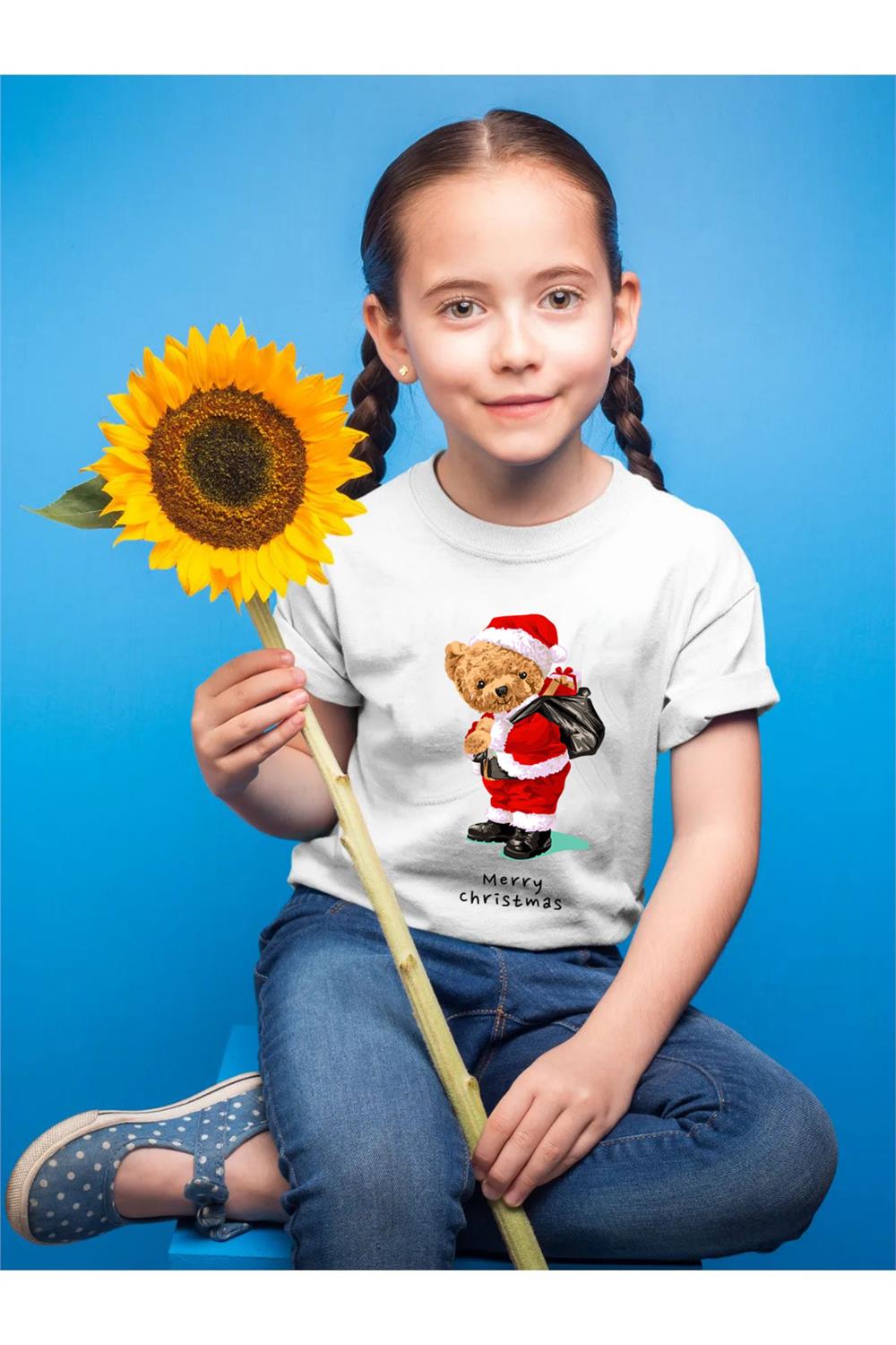 Sevimli Ayıcık Baskılı Merry Chirstmas Yılbaşı Noel Baba Regular Fit %100 Pamuk Çocuk T-Shirt - Beyaz