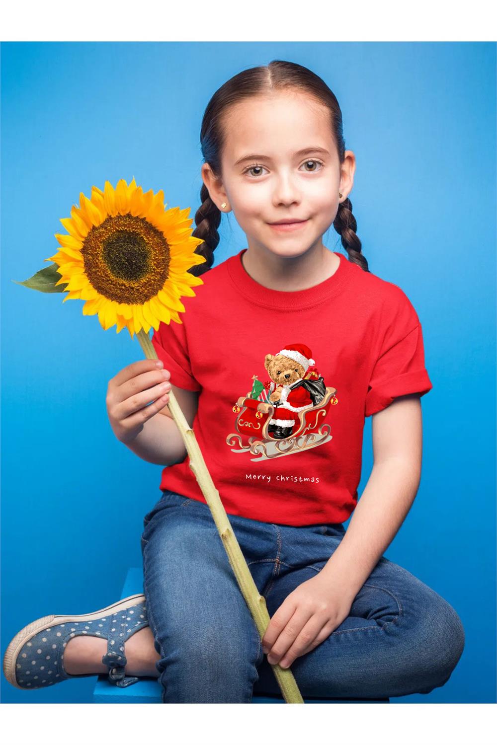 Sevimli Ayıcık Baskılı Merry Chirstmas Yılbaşı Noel Baba Regular Fit %100 Pamuk Çocuk T-Shirt - Kırmızı