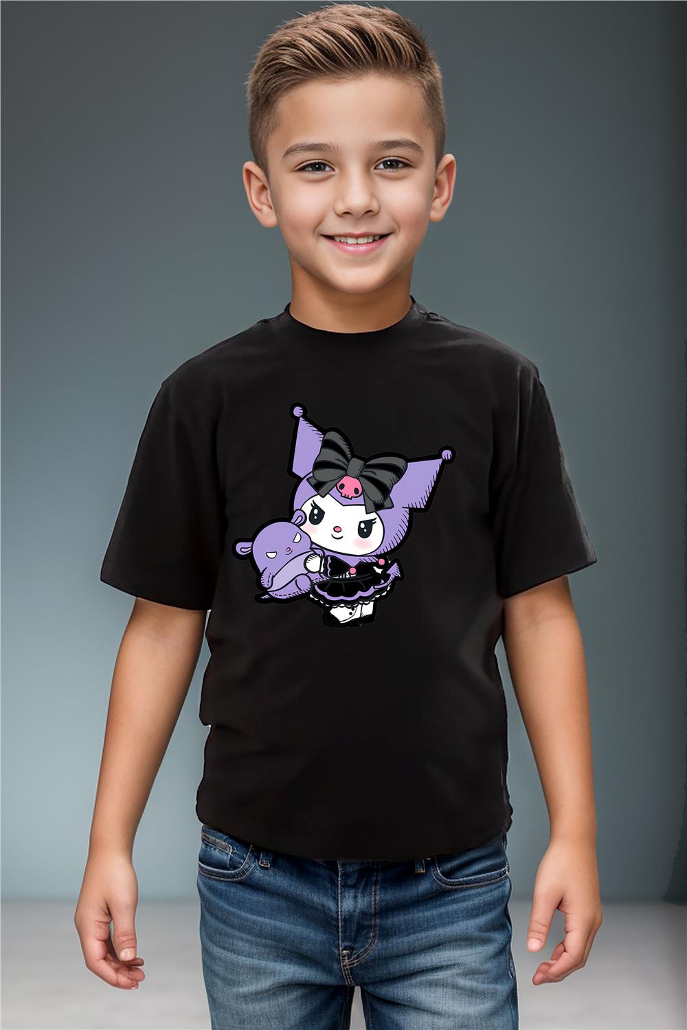 Sevimli Kuromi Baskılı %100 Pamuk Erkek Çocuk Kız Çocuk Yüksek Kaliteli Premium T-Shirt - Siyah