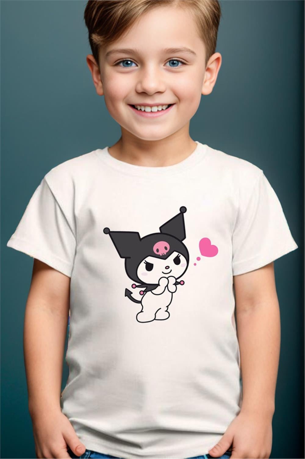 Sevimli Kuromi Baskılı %100 Pamuk Erkek Çocuk Kız Çocuk Yüksek Kaliteli Premium T-Shirt - Beyaz