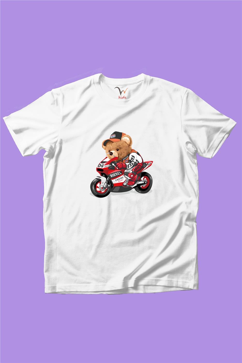 Sevimli Motorlu Ayıcık Tedy Baskılı %100 Pamuk Erkek Çocuk Kız Çocuk T-Shirt - Beyaz