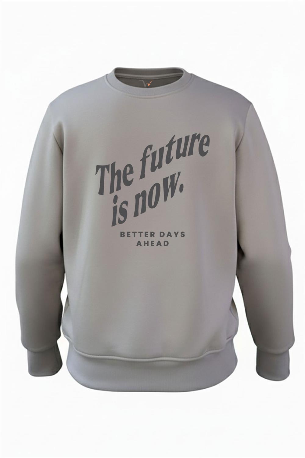 Streetwear The Future İs Now Yazı Baskılı Regular Fit 3 İplik Şardonlu %100 Pamuk Sweatshirt - Antrasit