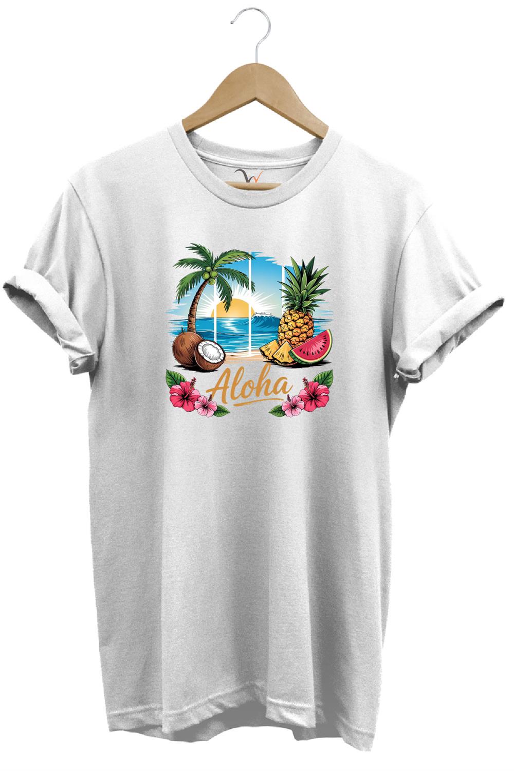 Summer Vibes Aloha Yazılı Hindistan Cevizi Yaz Kumsal Baskılı %100 Pamuk Unisex Regular Fit T-Shirt - Beyaz