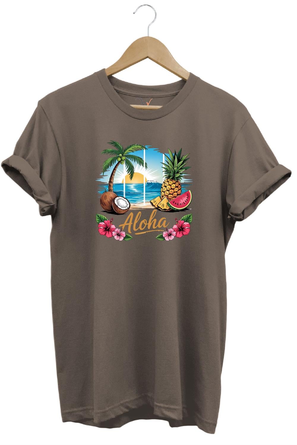 Summer Vibes Aloha Yazılı Hindistan Cevizi Yaz Kumsal Baskılı %100 Pamuk Unisex Regular Fit T-Shirt - Kahve