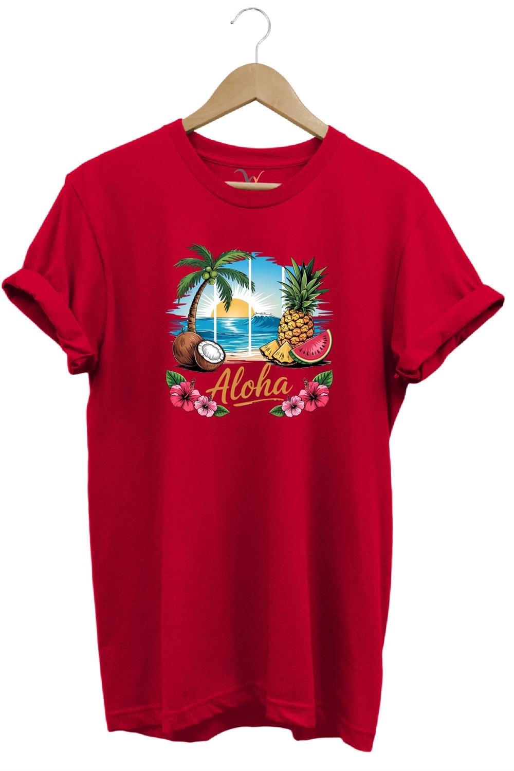 Summer Vibes Aloha Yazılı Hindistan Cevizi Yaz Kumsal Baskılı %100 Pamuk Unisex Regular Fit T-Shirt - Kırmızı