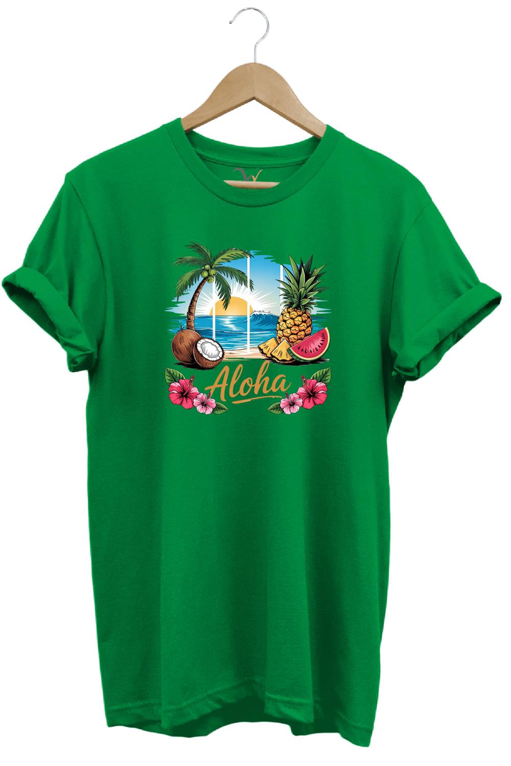 Summer Vibes Aloha Yazılı Hindistan Cevizi Yaz Kumsal Baskılı %100 Pamuk Unisex Regular Fit T-Shirt - Yeşil
