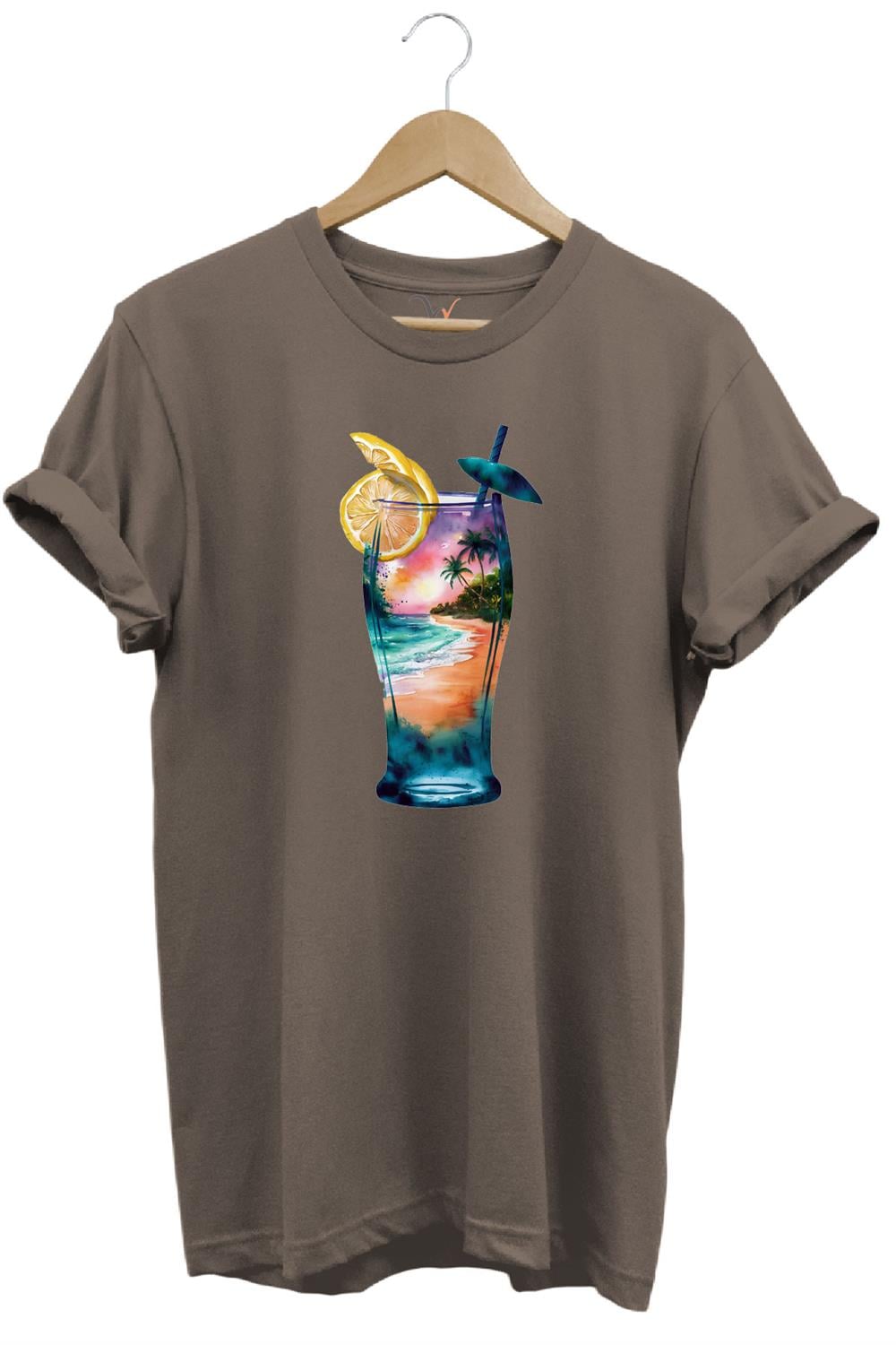Summer Yaz Havasa Ve Kokteyl Baskılı %100 Pamuk Unisex Regular Fit T-Shirt - Kahve