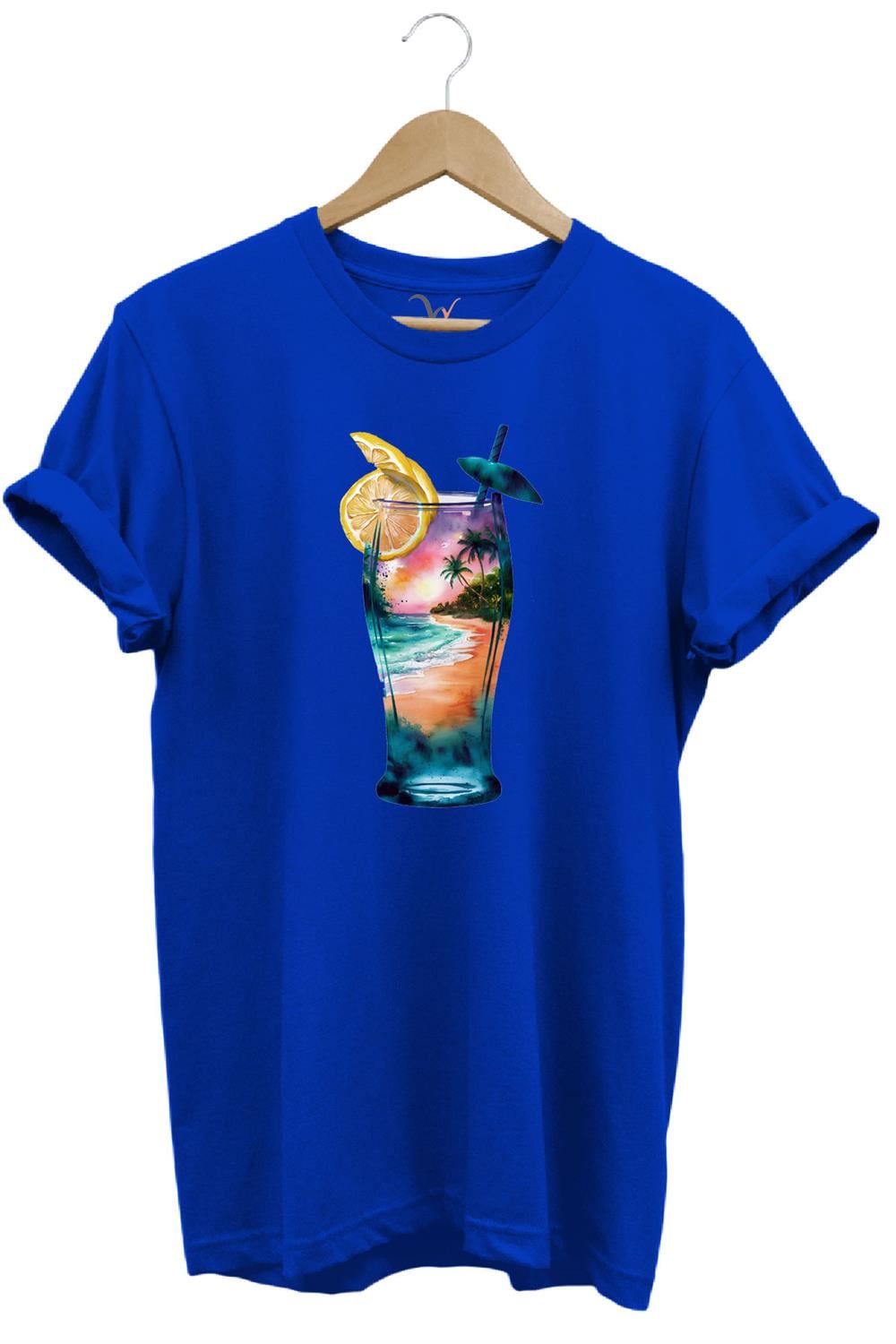 Summer Yaz Havasa Ve Kokteyl Baskılı %100 Pamuk Unisex Regular Fit T-Shirt - Mavi