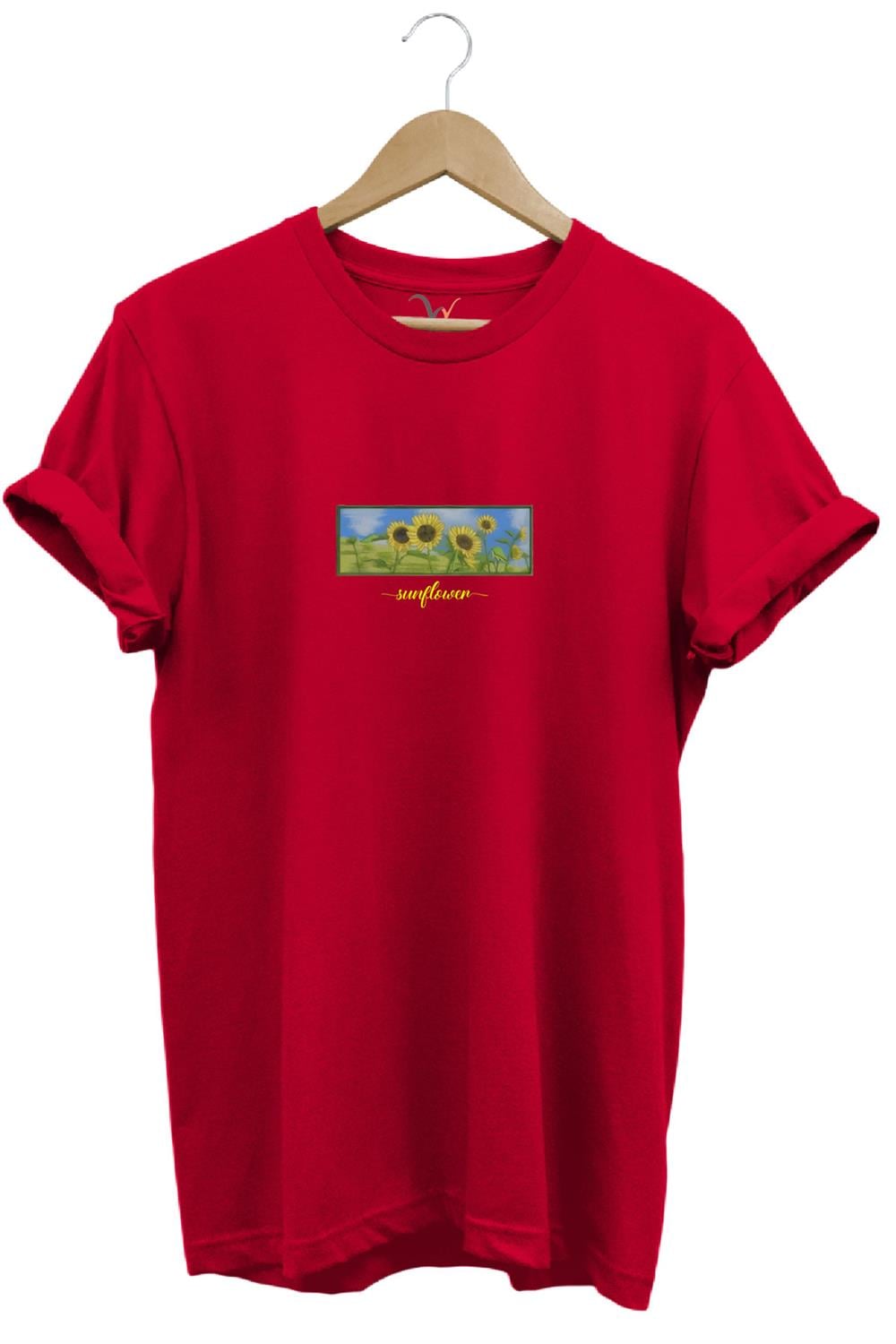 Sunflower Ayçiçeği Minimal Doğa Baskılı Regular Fit %100 Pamuk T-Shirt - Kırmızı