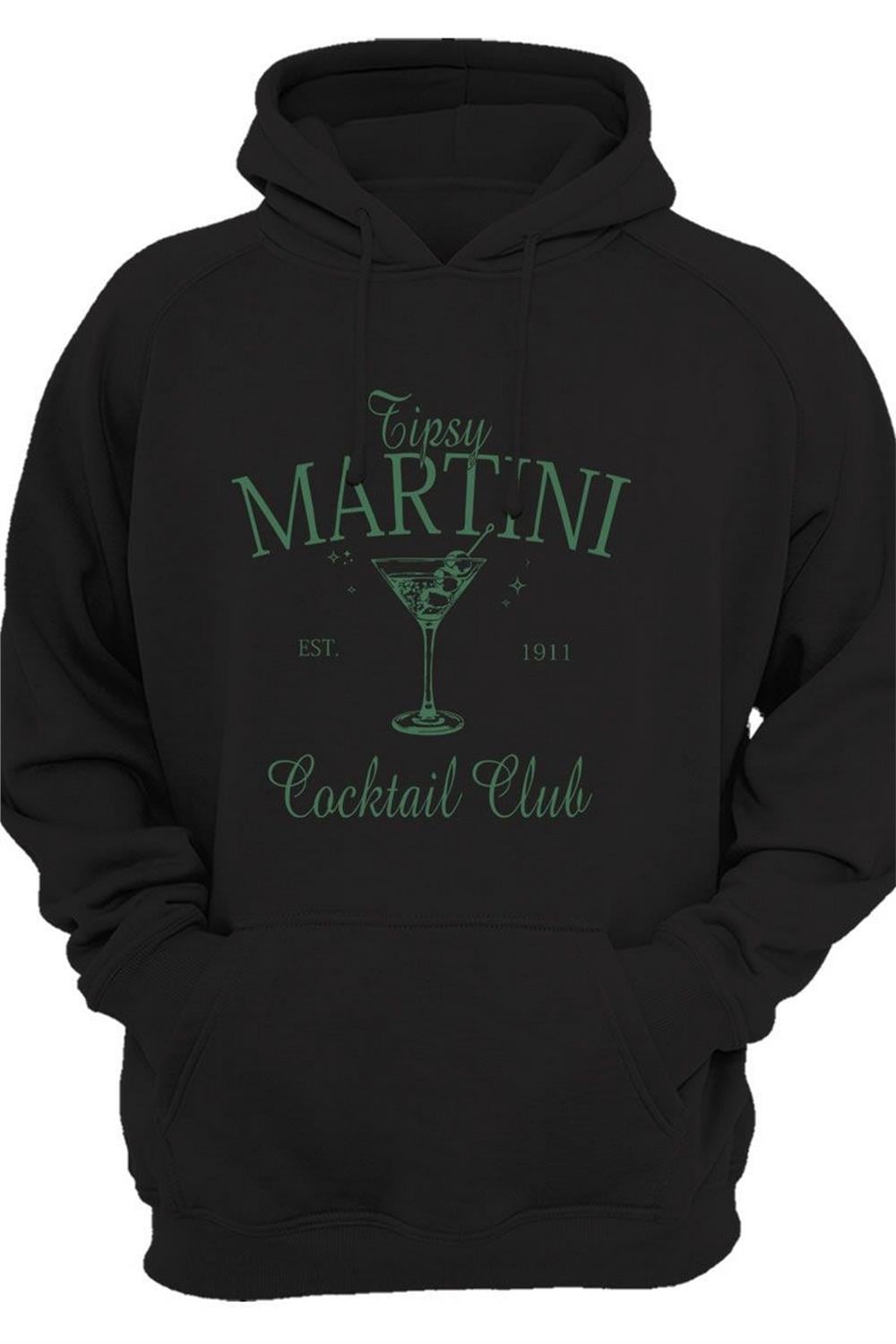 Tipsy Martini Cocktail Club Tasarım Baskılı Old Money Y2K 3 Iplik Şardonlu Kanguru Cepli Sweatshirt - Siyah