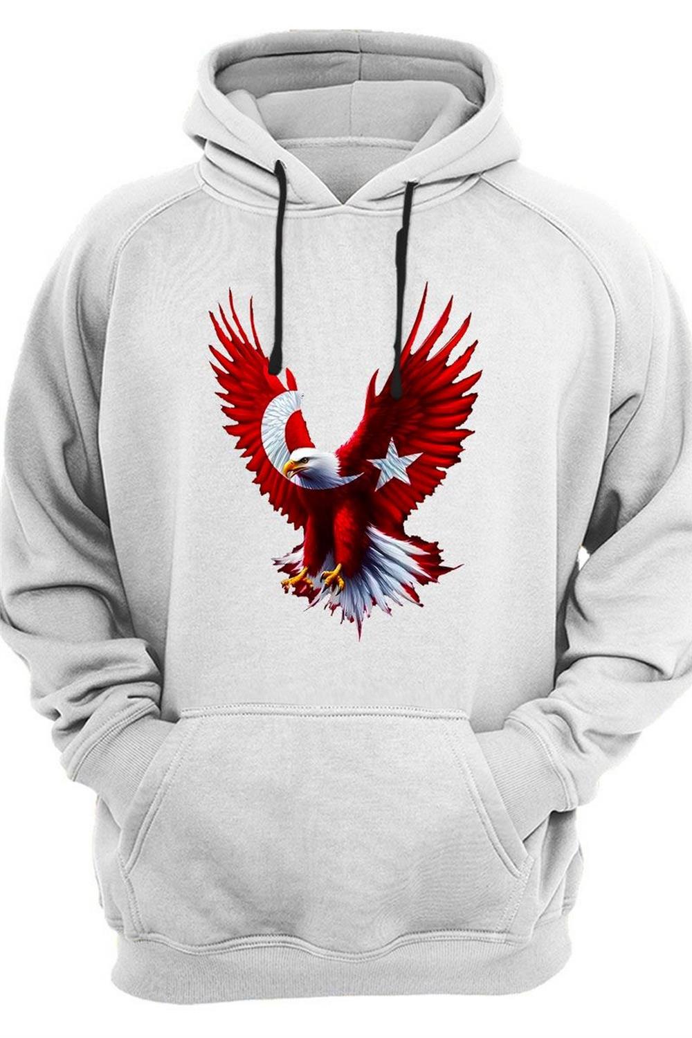 Türkiye Ay Yıldız Bayrak Kartal Baskılı 3 Iplik Kalın Şardonlu Kanguru Cepli Sweatshirt - Beyaz