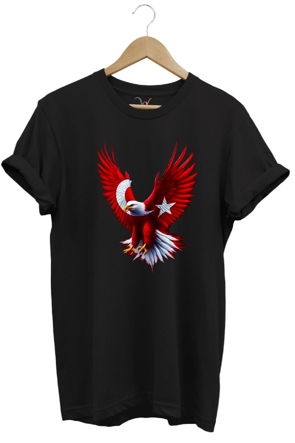 Türkiye Ay Yıldız Türk Bayrağı Kartal Tasarım Baskılı %100 Pamuk Regular Fit Bisiklet Yaka T-Shirt - Siyah