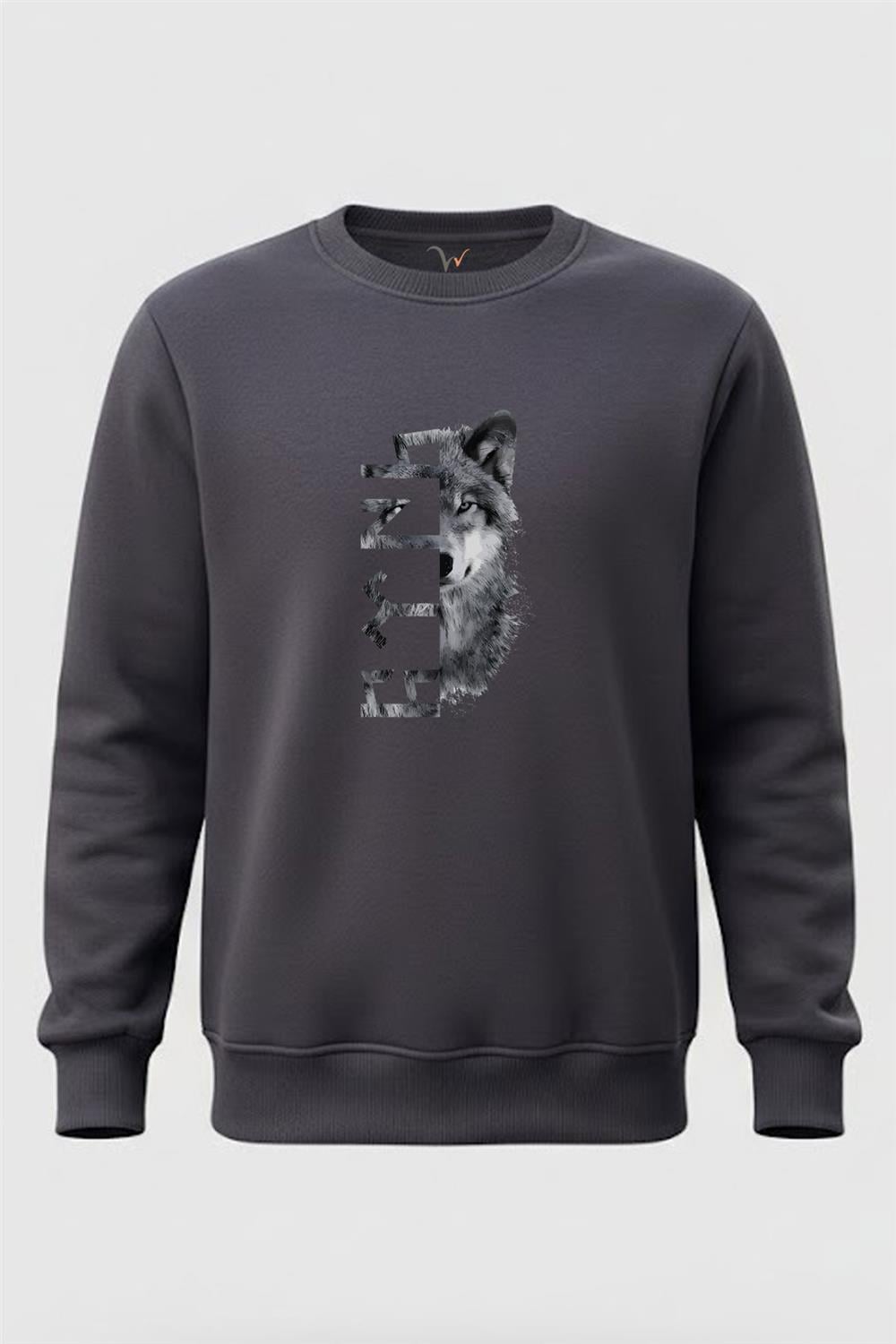 Türkiye Bozkurt Göktürkçe Türk Yazısı Ve Kurt Baskılı Regular Fit 3İp Şardonlu %100 Pamuk Sweatshirt - Füme