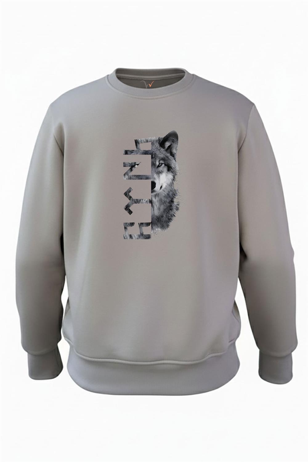 Türkiye Bozkurt Göktürkçe Türk Yazısı Ve Kurt Baskılı Regular Fit 3İp Şardonlu %100 Pamuk Sweatshirt - Antrasit