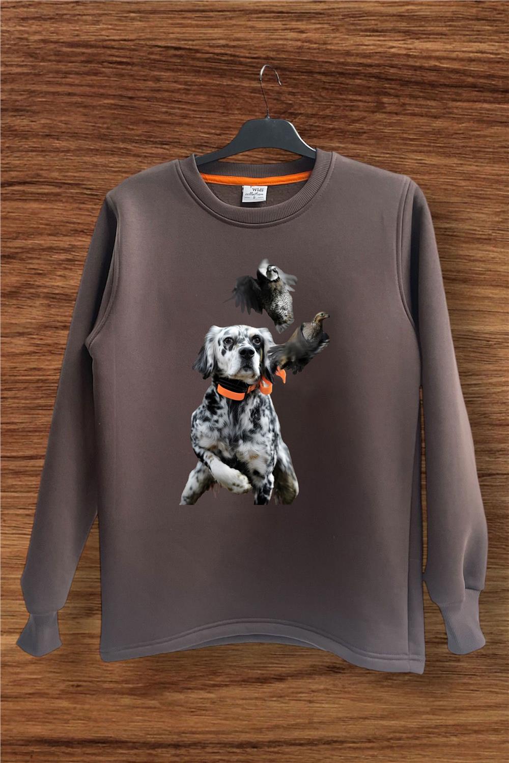 Unısex Avcılık Hunting Vahşi Yaşam Setter Çulluk Keklik Baskılı Regular Fit Bisiklet Yaka Sweatshirt - Kahverengi