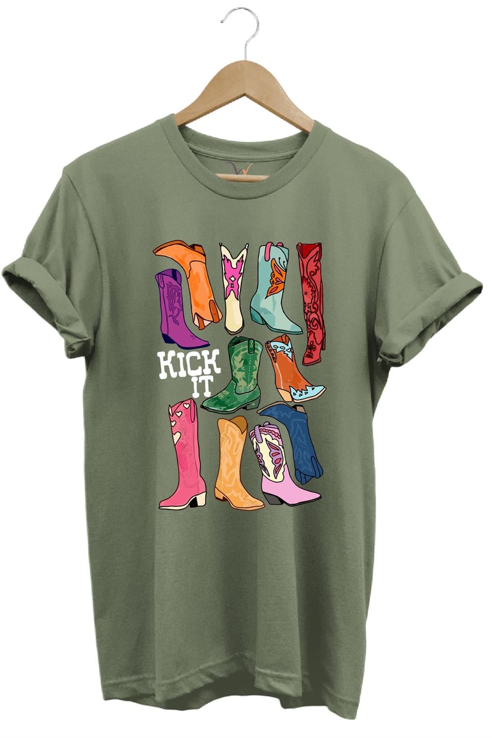 Unisex Cowgirl Kovboy Çizme Baskılı %100 Pamuk Regular Fit Bisiklet Yaka T-Shirt - Haki