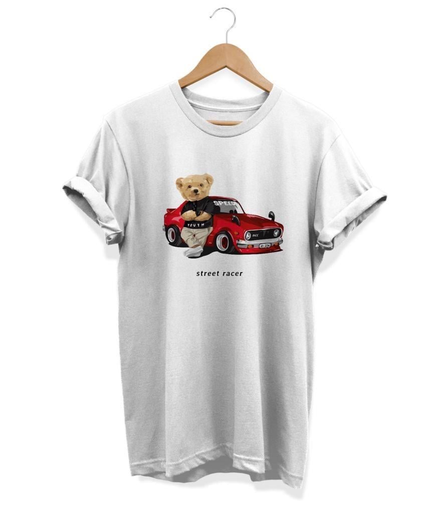 Widi Arabalı Ayıcık Baskılı T-Shirt Beyaz