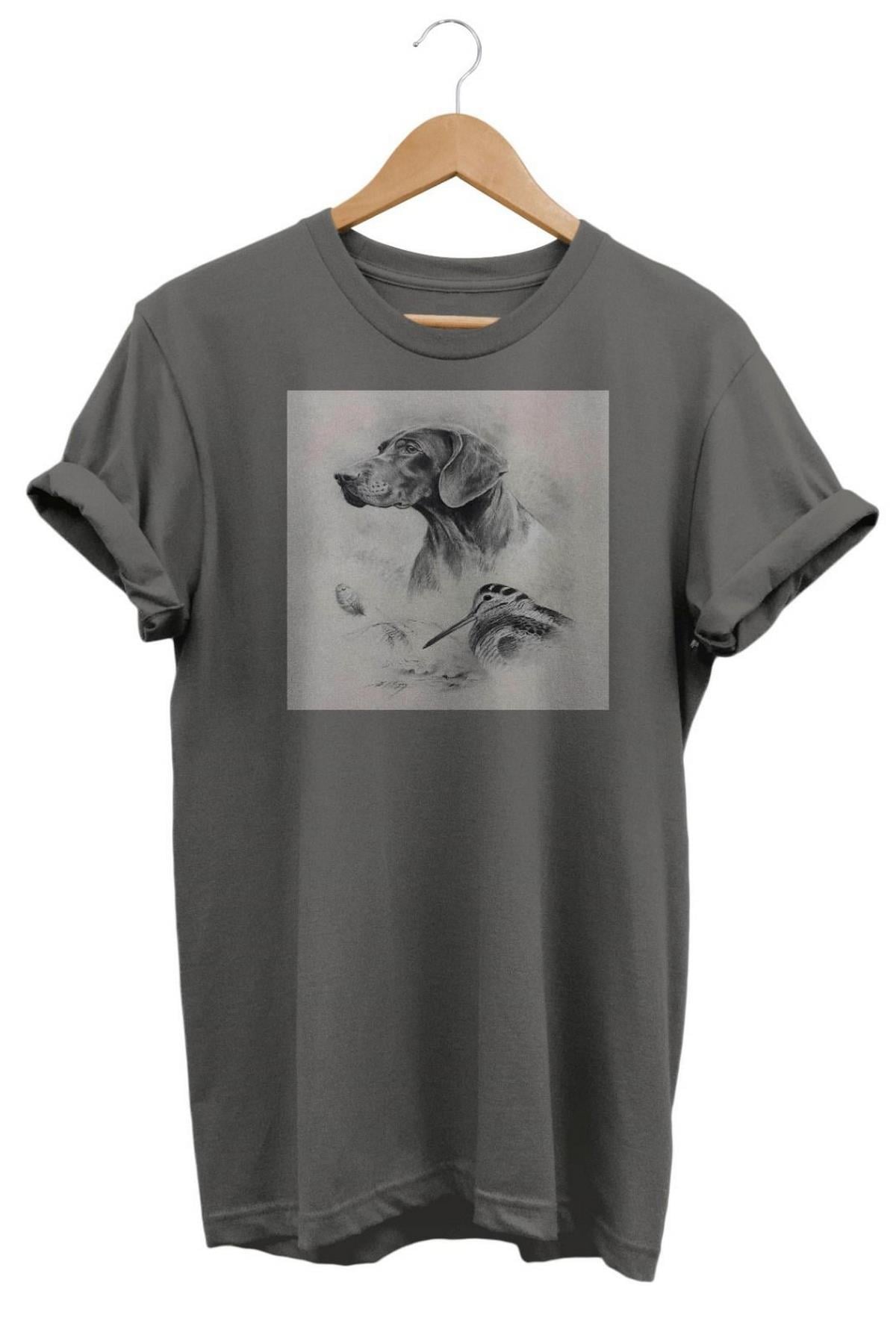Widi Av Köpeği ve Çulluk Baskılı T-Shirt Gri